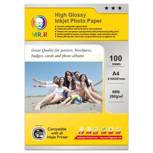 Image of MR.R High Glossy Waterproof Inkjet Photo Paper 260gsm A4 x 100 Sheets 210 x 297mm Size Compatible with All Inkjet Printer