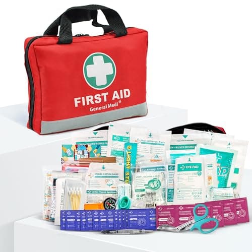 Image of General Medi First Aid Kit -309 Pieces- Reflective Bag Design - Including Eyewash, Bandages, Moleskin Pad and Emergency Blanket for Travel, Home, Office, Car, Camping, Workplace