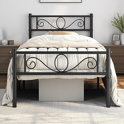 Image of Yaheetech 3ft Single Metal Bed Frame Solid Bedstead Base with Headboard and Footboard, Metal Slat Support and Underbed Storage Space, Black