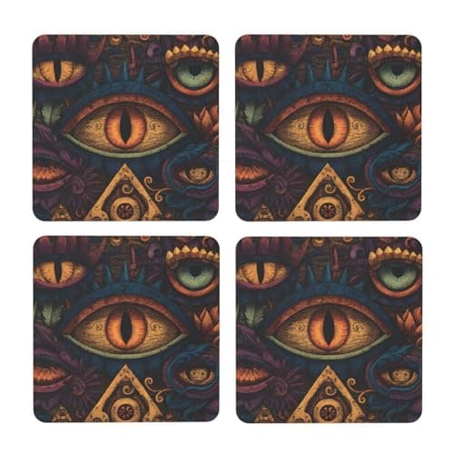 Image of 4-Inch Square Mdf Evil Eyes Coaster With Anti Slip Cork Backing, Suit For Gatherings, Family Meals, Or Coffee Cups.