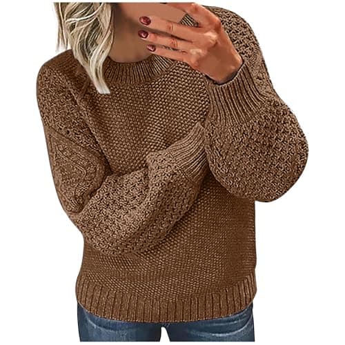 Image of RLEHJN Winter Jumpers for Women Chunky Knit Jumpers Plain Knitted Jumper Ribbed Cuffs Long Sleeve Pullover Tops Solid Color Crew Neck Knitwear Ladies Jumper Size 8-22