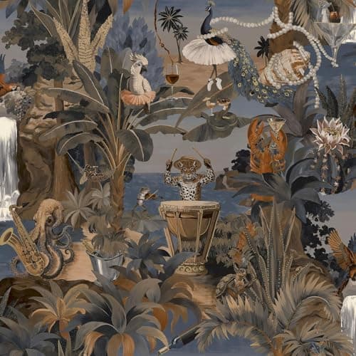 Image of Holden Odyssey Animal Beach Party Wallpaper - Deep Navy Blue Marine Life Pattern - Illustrated Nautical Theme for Children's Room (14351)