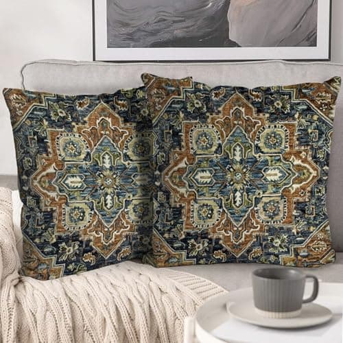 Image of HZYKDWD Boho Cushion Covers 45x45 cm Set of 2,Boho Vintage Carpet Pattern Antique Ethnic Decor Double Sided Pattern Throw Pillow Covers Soft Pillow Case Living Sofa Room Bed Square Pillow Cover