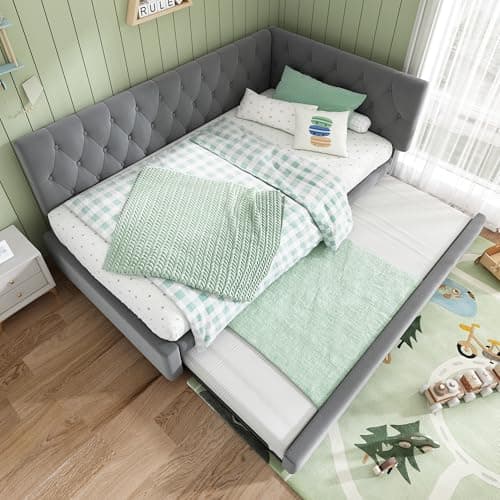 Image of Su & Chan Legence Single Day Bed with Pull Out Trundle, 3ft Upholstered Trundle Bed with Slatted Frame, L Shaped Corner Sofa Bed for Adults and Kids, No Mattress, 90x190cm, Velvet, Grey