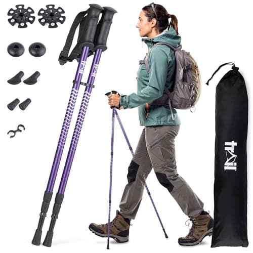 Image of Trail Telescopic Walking Poles 2 Pack – Adjustable Twistlock Design, Lightweight Aluminium Trekking & Hiking Sticks, Steel Tips with Mud, Snow, Rubber & Boot Attachments for All-Terrain Use, 65–135cm