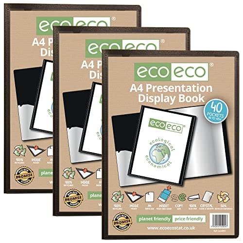 Image of eco-eco A4 Size 50% Recycled 40 Pocket Black Presentation Display Book, Storage Case Portfolio Art Folder with Plastic Sleeves, (Pack of 3), eco004x3