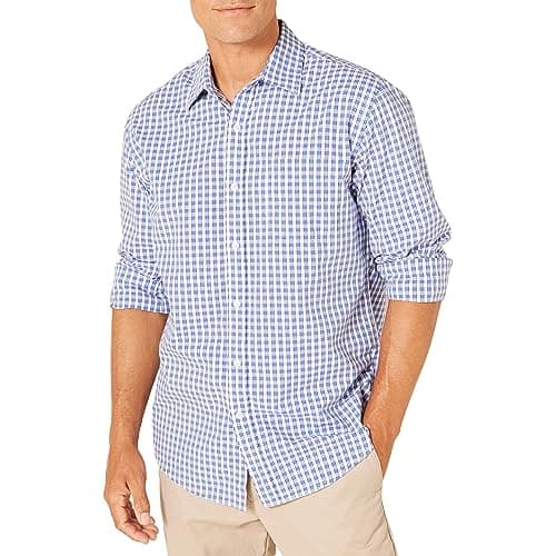 Image of Amazon Essentials Men's Regular-Fit Long-Sleeve Casual Poplin Shirt, Blue Checks, L