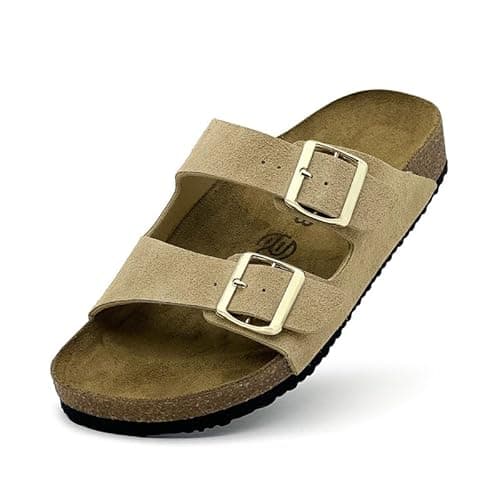 Image of vinshoeci Cork Footbed Slide Sandals for Women Men - Adjustable Buckle Slides with Arch Support/Lightweight Summer Beach & Daily Wear Shoes(Suede-Khaki,10 UK)