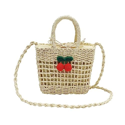 Image of NICOLE & DORIS Straw Handbags Crossbody Bags for Women Summer Beach Bag Mini Rattan Bag Girls Messenger Bag Phone Bags Cute Clutch Bag Bucket Bag Beige+Cherry