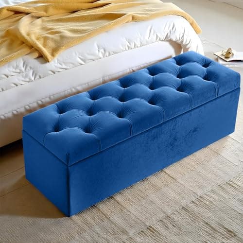 Image of Harveys Living Chesterfield Ottoman Storage Box - Fabric Button Style Engineered Wood Luxurious Plush Velvet Ottoman Storage Bench - (Blue, No Legs)