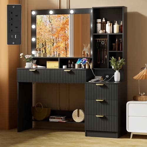 Image of TRIUMPHKEY Dressing Table with Mirror and Lights,Vanity Desk with Drawers,Makeup Vanity with Open Shelves,Jewelry Hooks and Power Outlet for Bedroom,Modern (Black)