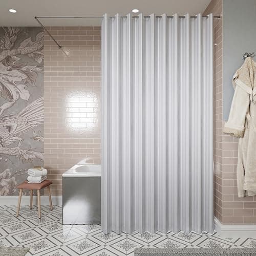 Image of Croydex AF289122 Regency Stripe Water-Resistant Machine Washable Cling-Resistant Hookless Textile Shower Curtain,White,1800 x 1800mm (WxL)