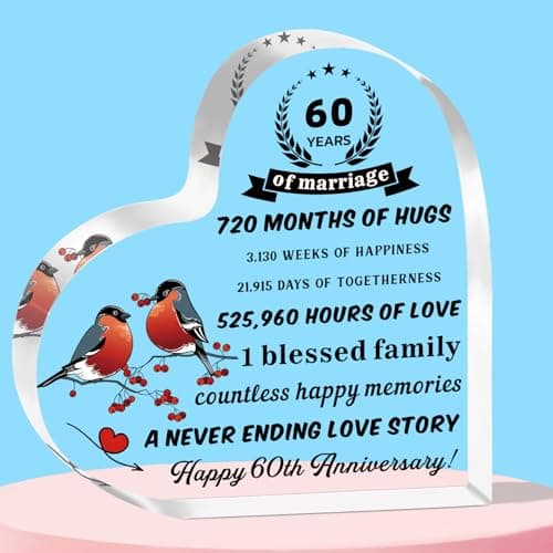 Image of QMVMV 60th Anniversary Acrylic Plaque for Him and Her - 60th Wedding Anniversary Present for Couple - Unique Heart-Shaped Acrylic Plaque for 60 Anniversary