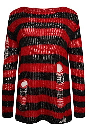 Image of Ro Rox Gothic Knitted Jumper with Distressed Look - Oversized Pullover with Ripped Design, Long Sleeves, Loose Fit, 90s Grunge Style Stripe Pattern, Red, L-XL