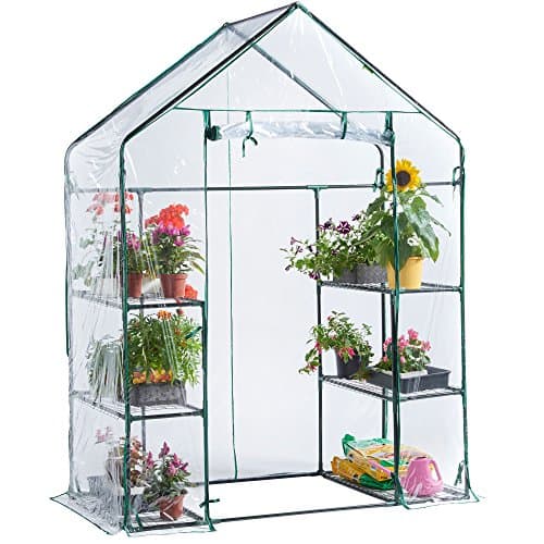 Image of VonHaus Walk In Greenhouse – Compact Green House with 6 Shelves and Weatherproof PVC Plastic Cover – Plant House for Garden and Outdoor – Roll up Zip Panel Door – Easy No Tool Assembly