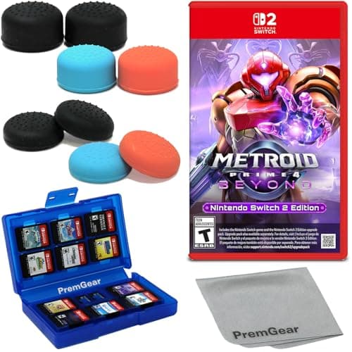 Image of Metroid Prime 4: Beyond for Nintendo Switch 2 Edition (US Version), with PremGear Thumb Grips (8 pack, 3 colors, 2 Heights - 3mm, 7mm), 24 Slot Game Card Holder & Cleaning Cloth
