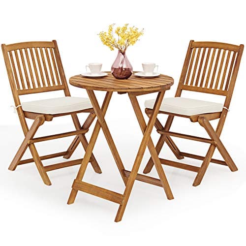 Image of COSTWAY 3 Piece Folding Patio Bistro Set, Acacia Wood Table and Chairs with Cushions, Outdoor Dining Furniture Set for Balcony, Garden and Poolside (Cream)