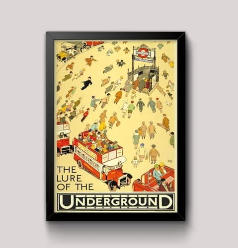 Image of Vintage London Underground LURE OF THE UNDERGROUND 1920's Wall Art Poster A4 and A3 size 250gsm Gloss Borderless print (A4 Framed - Black Frame)