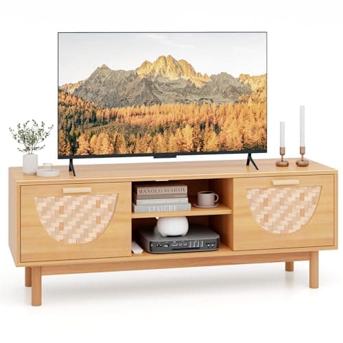 Image of COSTWAY TV Stand for TVs up to 55 Inches, Wooden TV Cabinet Media Entertainment Center with 2 Bamboo Woven Drawers and Storage Shelves, Solid Wood Legs TV Unit Console Table for Living Room Bedroom