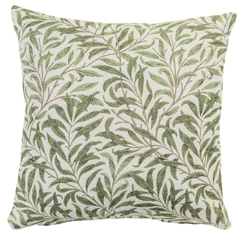 Image of Linen Loft Willow Branch Tapestry Cushion Cover in Green. William Morris Style Botanical Leaf Print in Sage Green and Beige. 17x17 Square Cover Only
