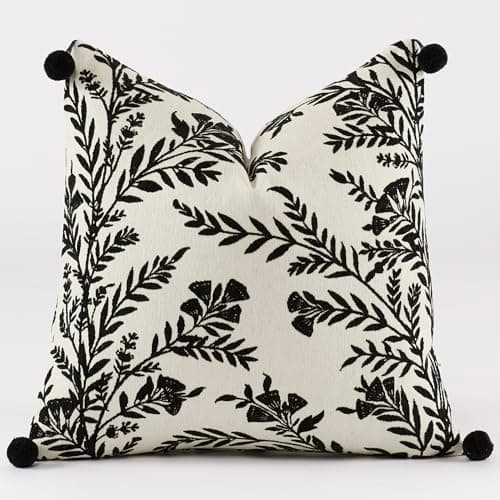Image of Gatherington Artistic Floral Cushion Cover 45x45cm, Cotton Linen Blend with Chenille Botanical Tapestry, Black and Off-White with Pom-Pom Corners, Double-Sided 18x18in