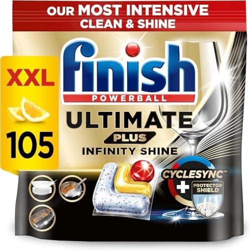 Image of Finish Dishwasher Tablet, Ultimate Plus Infinity Shine, 105 Detergent Tablets, Lemon Sparkle, Tough on Grease, For our Most Intensive Clean & Diamond Shine, Effective for Short Eco Cycle