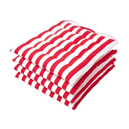Image of HOMESCAPES Red and White Stripe Seat Pad Cushion for Dining Chairs Set of 4 100% Cotton Chair Pad with Straps 40 x 40 cm