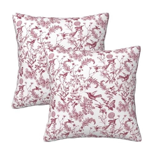Image of HOSTECCO Burgundy Toile Cushion Covers 45x45 cm Set of 2 Floral Bird Patterned Cushion Cases Farmhouse Decorative Pillow Covers for Sofa Couch