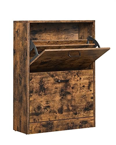 Image of VASAGLE Shoe Cabinet with 2 Flip Doors, Adjustable and Removable Divider, for 12 Pairs of Women's Shoes or 8 Men's Shoes, for Narrow Entrance, 60 x 24 x 83.5 cm (L x W x H), Rustic Brown LBC02BX