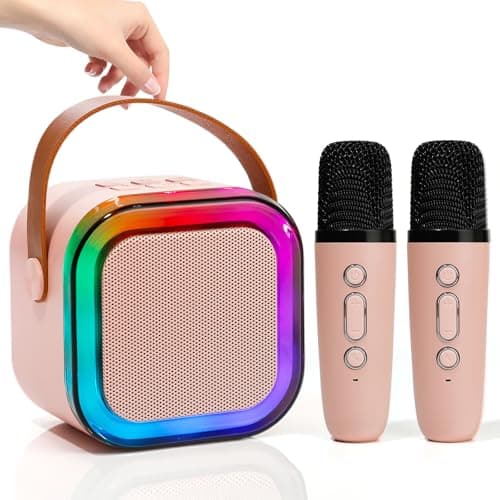 Image of Mini Karaoke Machine for Kids Adults with 2 Wireless Microphones, Portable Singing Machine for Ages 3,4,5,6,7,8,9,10,11,12+ Years Old Girl Birthday Gift, Karaoke Speaker, Family,Home Party (Pink)