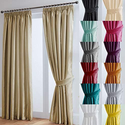 Image of John Aird Luxury Faux Silk Fully Lined Pencil Pleat Curtains With Matching Tie Backs (Latte, 117cm Width x 137cm Drop (46"x 54")