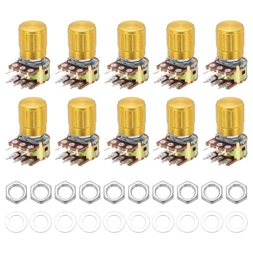 Image of sourcing map 10 Set WH148 B10K Ohm Potentiometer Kit, 6-Pin Split Shaft Rotary Linear Dual Taper Rotary Audio Potentiometer with Knob Nut Washer for Audio Volume Control, 15mm Shaft, Gold