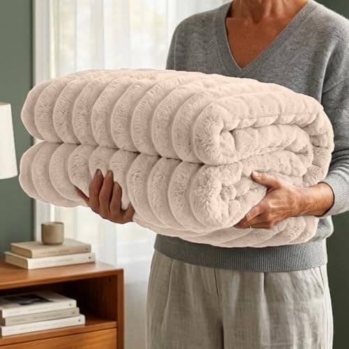 Image of Casabella Throw Blanket - Ribbed Fleece Blanket - Soft Fluffy, Warm & Cosy Sofa Throw - Large Fleece Blanket for Sofa Bed, Couch, Bedding - King Size 200x240 - Cream