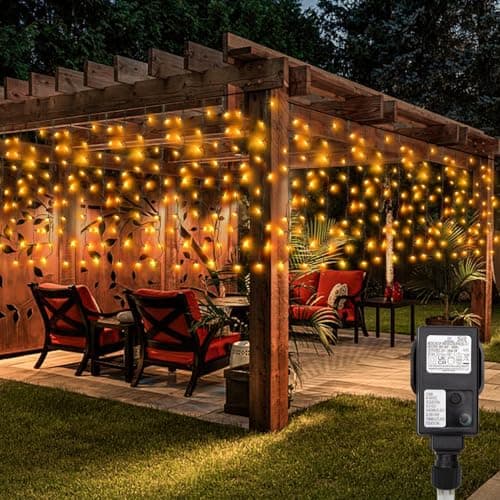 Image of CCILAND LED Christmas Curtain Lights Plug in, 6Mx1M 300 LED Curtain String Lights with 8 Modes Outdoor Curtain Lights IP54 Waterproof for Fence Patio Wedding Party Garden Decoration (Warm White)