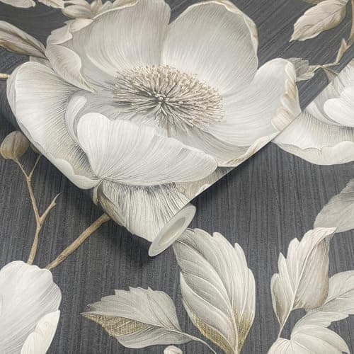Image of SOPHIE LAURENCE Charcoal Gold Floral Wallpaper for Living Room Grey Leaf Textured Metallic Shimmer Bedroom Hall