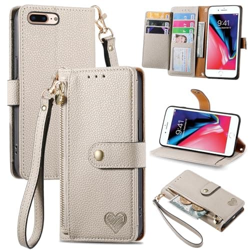 Image of VEEMOS Zipper Wallet Case for Apple iPhone 7 Plus/iPhone 8 Plus Phone Case with Purse Card Holders RFID Blocking Leather Flip Case Book Cover Wrist Strap Women - Gray