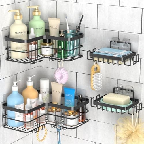 Image of Yazoni Conner Shower Caddy 4-Pack, Adhesive Bathroom Shelves with Soap Holder No Drilling, Rustproof Stainless Steel Bathroom Organizer Wall Mounted, Large Capacity Shower Shelf (Black)
