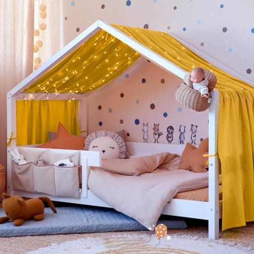 Image of Vicloon Bed Canopy, Children Bed Canopy Nursery Decorations, House Bed Canopies Made of 100% Cotton Muslin Handmade, Decoration for Children's Room, 135 * 360cm, Ginger Yellow