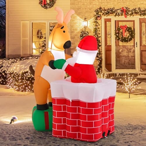 Image of COSTWAY 5FT Inflatable Christmas Santa Claus and Reindeer, Self Inflating Xmas Decoration with LED Lights and Blower, Blow up Christmas Decor for Indoor Outdoor