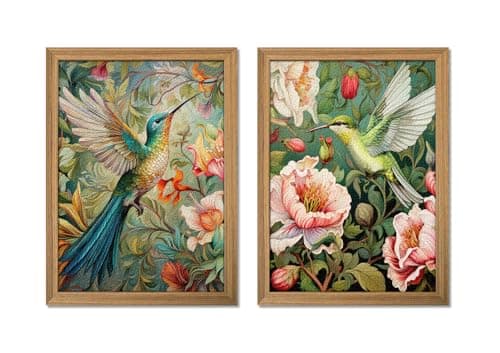Image of Framed 3D Textured Colorful Wall Art Set of 2 - Hummingbird Aesthetic Paintings, Vintage Botanical Pictures Wall Decor, Nature Flower Canvas Prints for Bedroom Living Room, Hallway 12x16 inch