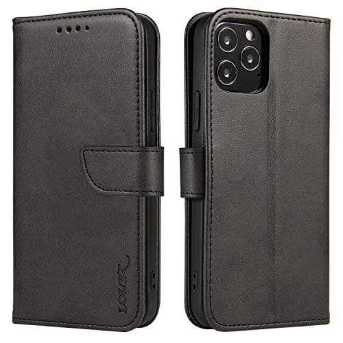 Image of LOLFZ Wallet Case for iPhone 12 Pro Max, Vintage Leather Book Case with Card Holder Kickstand Magnetic Closure Flip Case Cover for iPhone 12 Pro Max 6.7 inch - Black