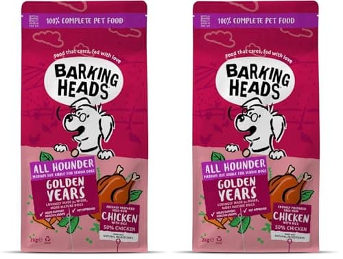 Image of Barking Heads Dry Dog Food for Senior Dogs - Golden Years - 100% Natural Free-Run Chicken and Fish with No Artificial Flavours, Optimal Protein and Fat Levels for Senior Dogs, 2 kg (Pack of 2)
