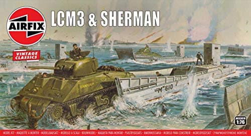 Image of Airfix - Vintage Classics Set - A03301V LCM3 & Sherman - Plastic Model Watercraft & Tank Kits for Adults & Children 8+, Includes 88 Pieces - 1:76 Scale Model Ship and Tank Set
