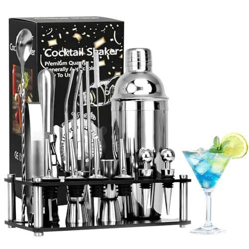 Image of 20 Piece Cocktail Making Set, Stainless Steel Drink Shaker Bar Set, 750ml Stainless Steel Cocktail Shaker with Double Jigger, Display Stand, Bartender Cocktail Set for Home, Bar, Party and Gift