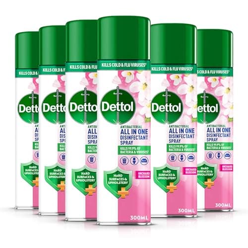 Image of Dettol All in One Disinfectant Spray, Orchard Blossom, 6 x 300 ml Multipack, Fresh Pet & Shoe Sanitiser, Sofa Cleaner, Antibacterial Liquid, Ideal for Home Hygiene