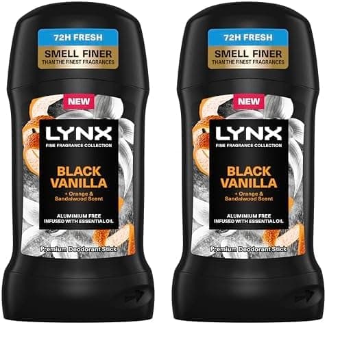 Image of Lynx Fine Fragrance Collection Black Vanilla Premium Deodorant Stick Men's Deodorant with a vanilla, orange & sandalwood fragrance for 72 hour odour protection 50 ml (Pack of 2)