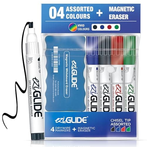 Image of Eziglide 4-Pack Chisel Tip Whiteboard Markers with Magnetic Eraser - Dry Wipe Pens for Whiteboard, Flip Chart, School, Classroom - 4 Assorted Colours (Black, Red, Blue & Green)