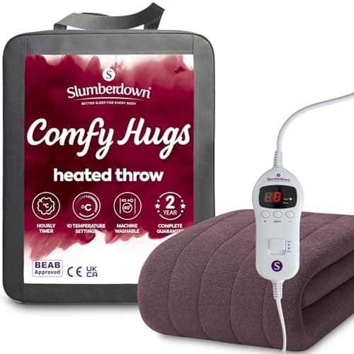 Image of Slumberdown Comfy Heated Throw Blanket (130×160cm) - Snuggly Fleece Electric Electric Blanket with 10-Heat Settings & Timer | Energy Efficient (3p/hr), 2-Year Guarantee, Washable, Plum