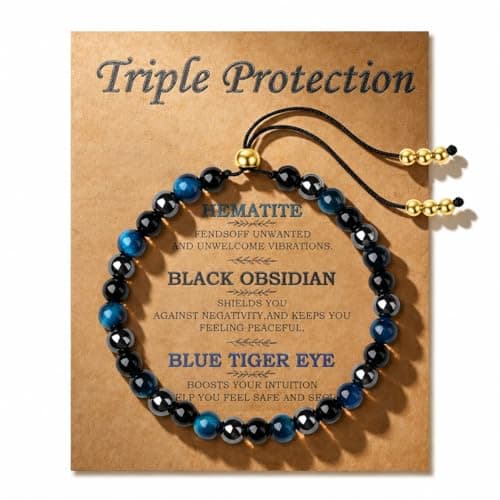 Image of QINJIEJIE Healing Crystal Bracelet Good Luck & Triple Protection 6mm Adjustable Bracelets Black Hematite & Obsidian & Blue Tigers Eye Crystals Bracelet Spiritual Birthday Gifts Women