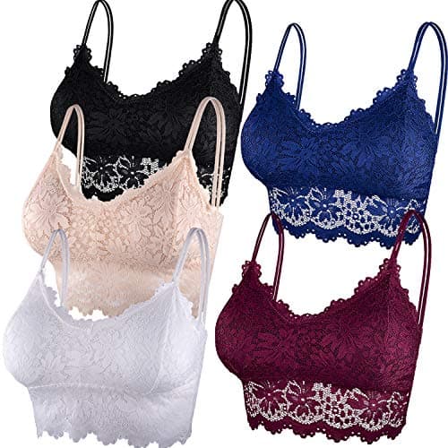 Image of Duufin 5 Pieces Padded Lace Bralette Bandeau Tube Bra with Straps and Removable Pads for Women Girls, Red, Blue, Black, Beige, White, S-M